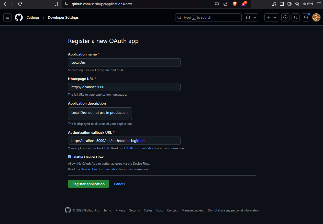 Registering a new OAuth app for our NextAuth.js project