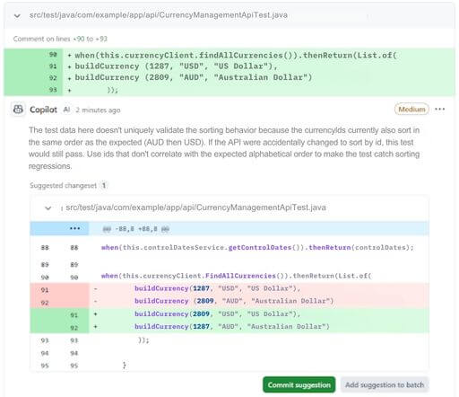 Example Issue Identified by GitHub Copilot during Pull Request Reviews