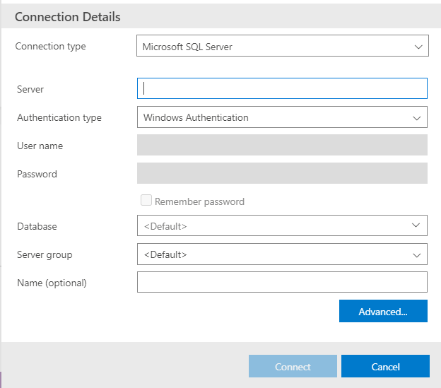 Creating a new connection in Azure Data Studio
