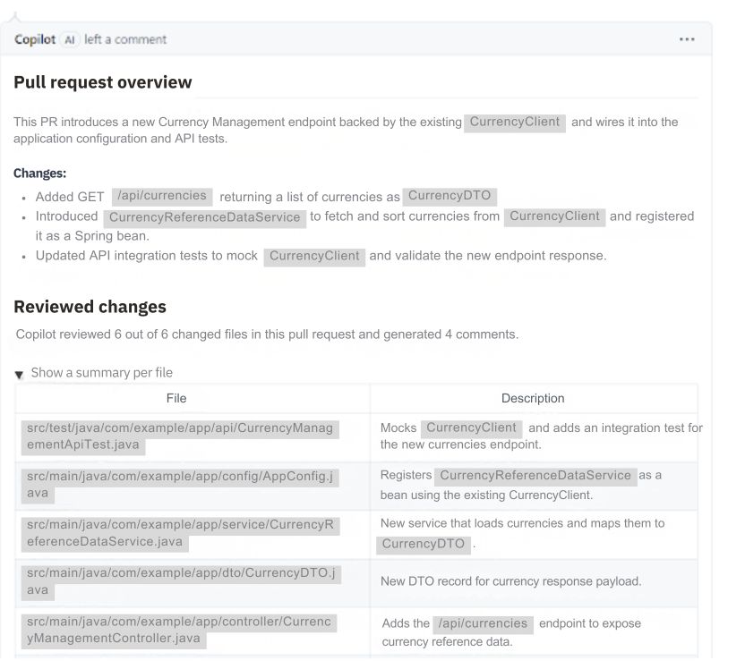GitHub Copilot Pull Request Review Example screenshot
