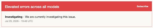 Status banner reading "Elevated errors across all models" in red, with a subscribe button and an update saying "Investigating - We are currently investigating this issue," dated Jul 29, 2026, 19:49 UTC.
