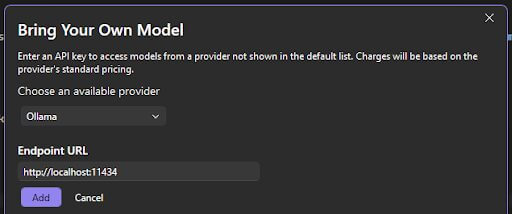 "Bring Your Own Model" dialog box for entering an API key to connect a custom AI provider, with Ollama selected and an endpoint URL of http://localhost:11434.