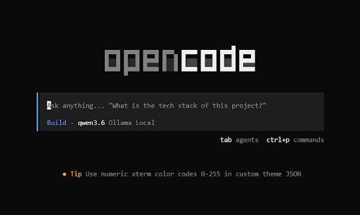 OpenCode terminal interface showing a command input field with placeholder text "Ask anything... 'What is the tech stack of this project?'" and the active model set to qwen3.6 Ollama Local.
