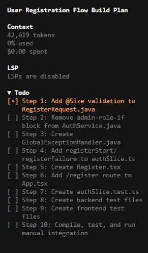 Dark-mode build plan interface titled "User Registration Flow Build Plan" showing token usage context and a 10-step todo checklist, including adding validation, removing an admin-role check, creating an exception handler, and writing tests, with step 1 currently in progress.