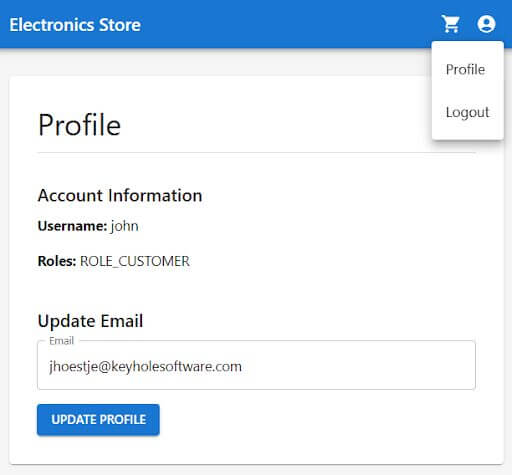 Electronics Store user profile page showing account information including username "john" and role "ROLE_CUSTOMER," an email update field, and an open dropdown menu with Profile and Logout options.