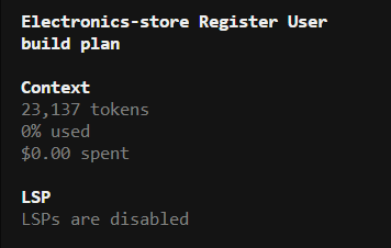 Dark-mode build plan interface titled "Electronics-store Register User build plan" showing token usage context of 23,137 tokens, 0% used, and $0.00 spent.