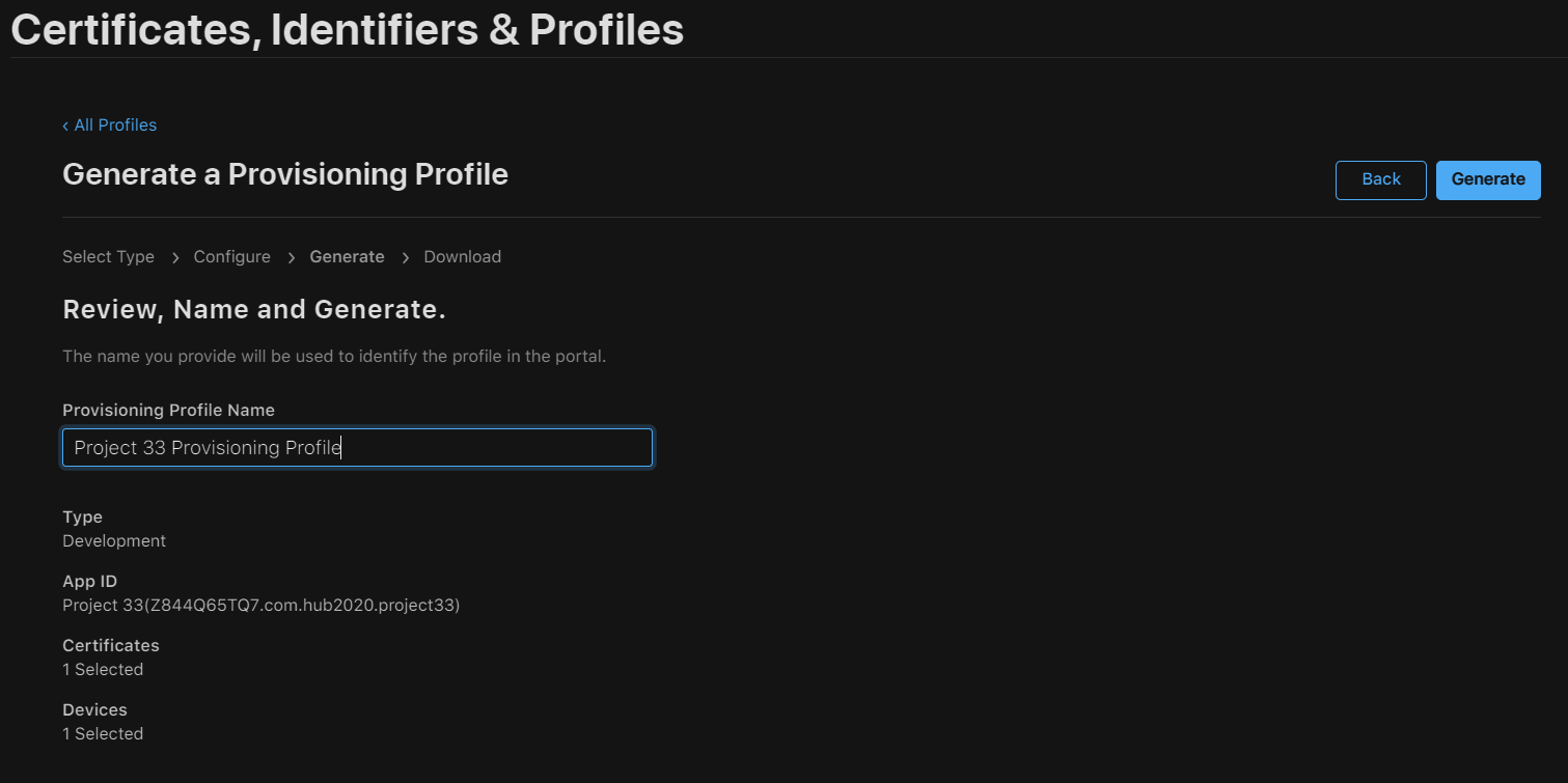 Create a Provisioning Profile for the Application