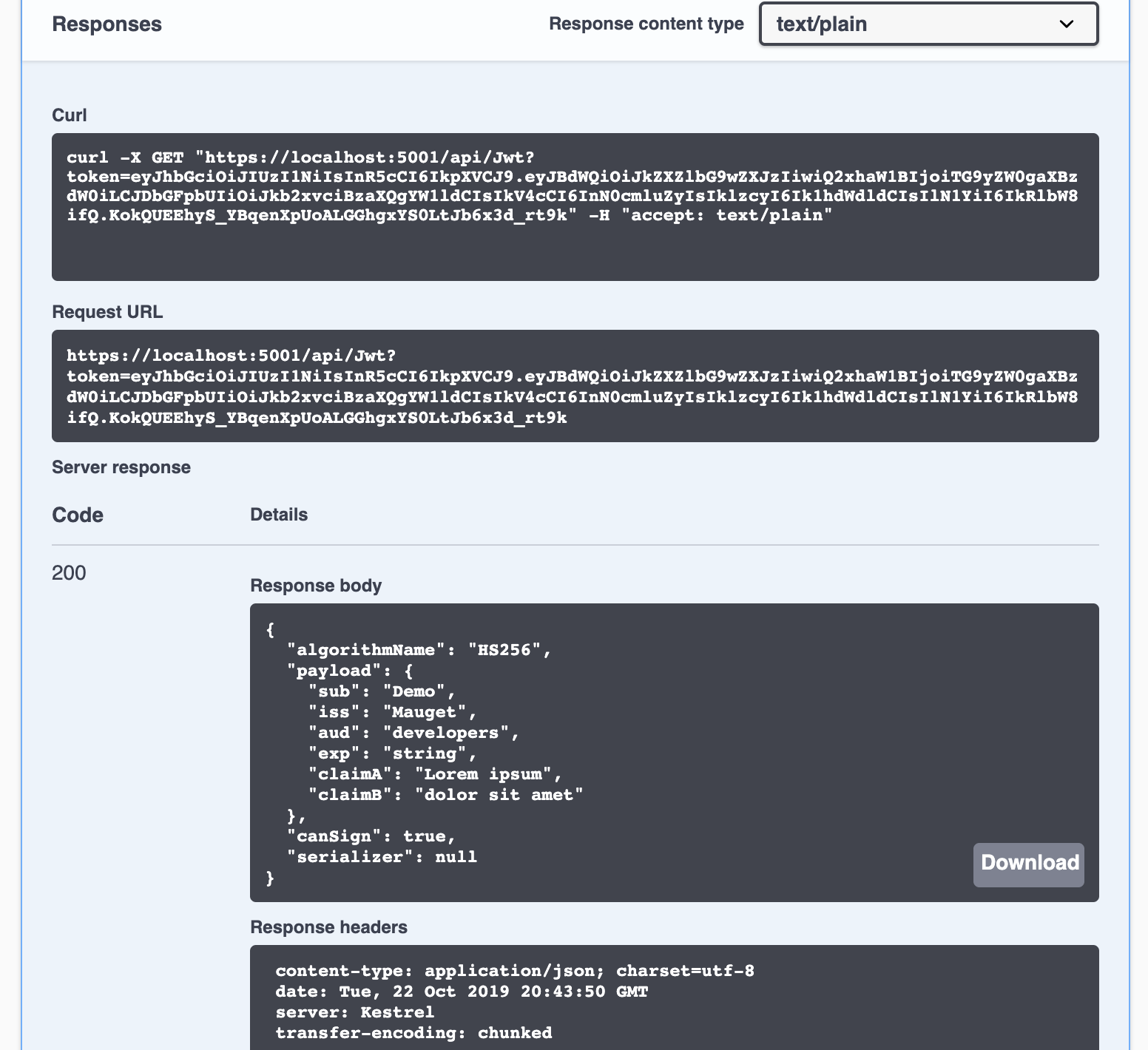 JSON Web Token .NET Core Demo